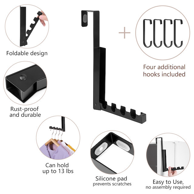 2021 New Design Home Heavy Duty Door 4 Hook Over The Door Hooks Folding Hanging Coat Rack Black