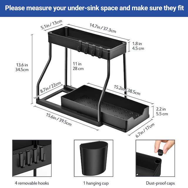 2 Tier Sliding Cabinet Storage Shelves with Hooks & Cup and Pull Out Drawer for Kitchen Bathroom Under Sink Organizers