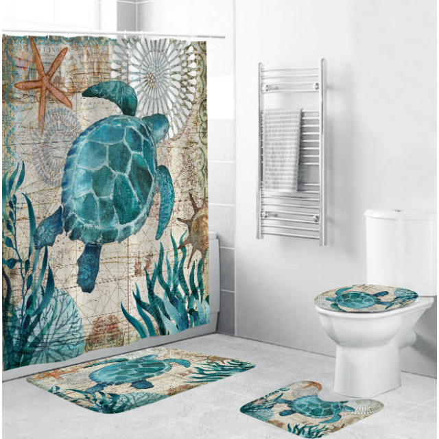 Nautical Blue Sea Bathroom Sets with Shower Curtain and Rugs Ocean Turtle Waterproof Fabric Shower Curtain Sets