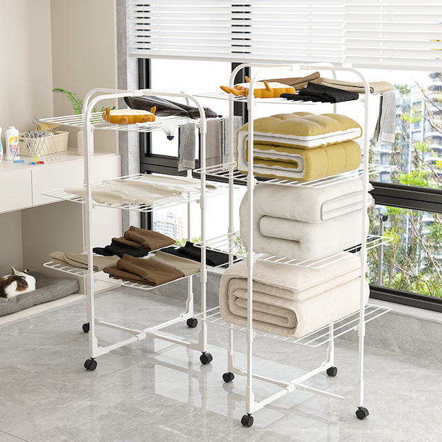 3-Tier Collapsible Laundry Drying Stand with Wheels Indoor-Outdoor Use White Clothes Drying Rack