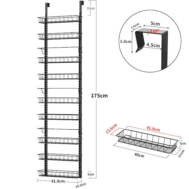 Spice Rack with 9 Adjustable Baskets Dual-use Hanging or Wall Mount 9 Tiers Over the Door Pantry Organizer Rack Black