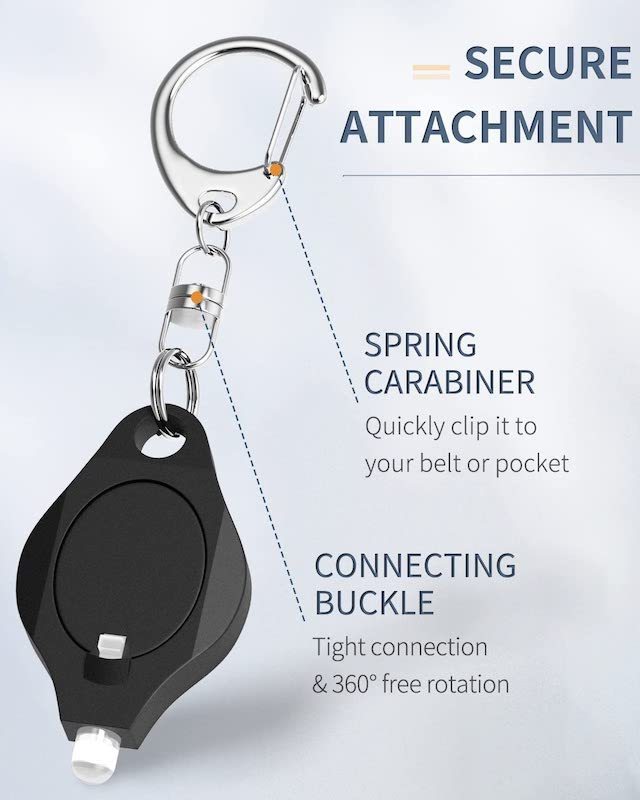 Portable Ultra Bright Battery Powered Black Torch with Spring Carabiner for Outdoor Mini LED Keychain Flashlight