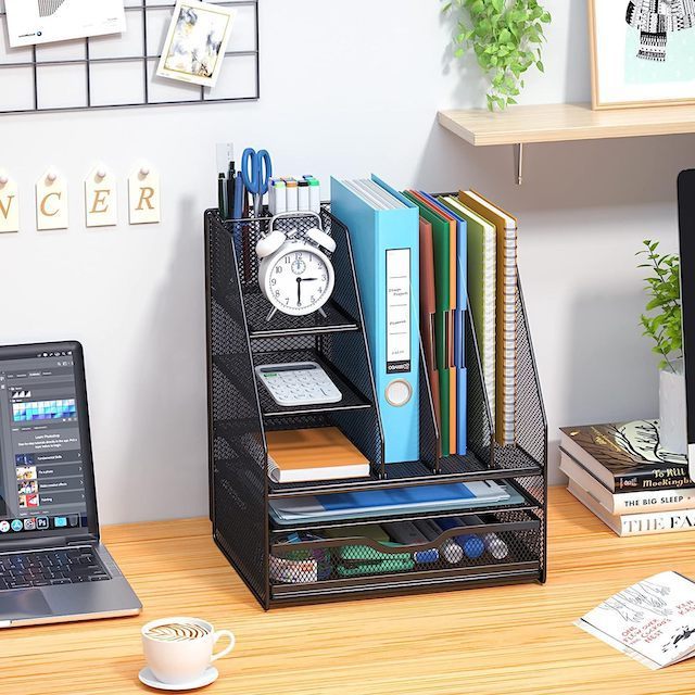 5-Tier Paper Letter Tray Organizer with Drawer/Pen Holder /3 Vertical File Holders for Office School Home Mesh Desk Organizer