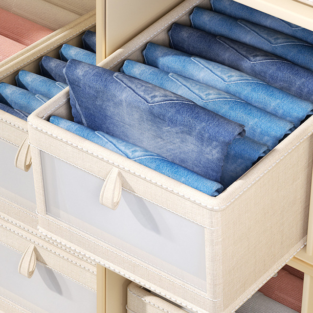 Bedroom Storage Bins Foldable Storage Baskets for Clothes Jeans Toys Organization Linen Closet Organizer Beige 19L