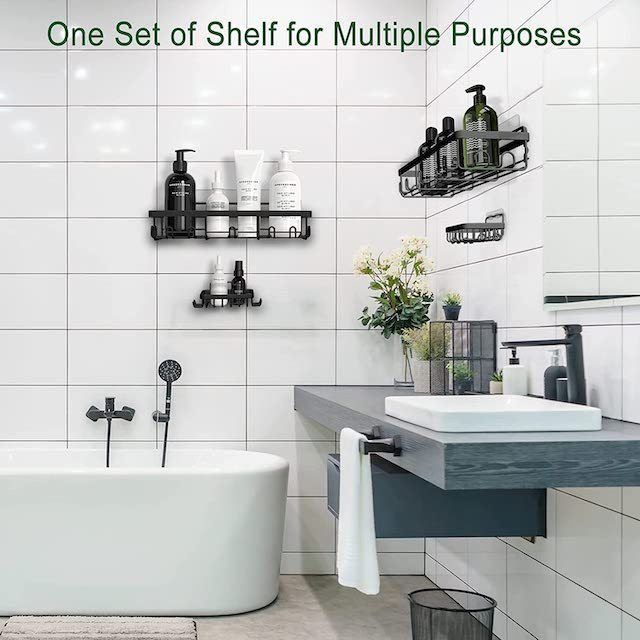 New Hot Sale Bathroom Metal Storage Rack Black Without Drilling Tray Shower Shelf