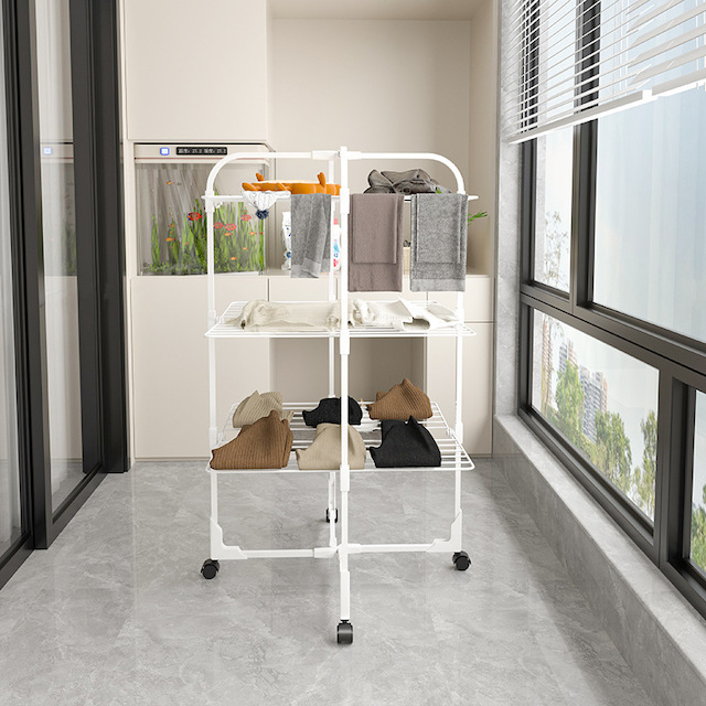 3-Tier Collapsible Laundry Drying Stand with Wheels Indoor-Outdoor Use White Clothes Drying Rack