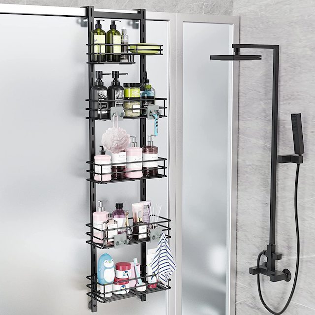 Bathroom Shower Basket 5 Tier Hanging Shower Organizer with Hooks No Drilling Over the Door Shower Caddy Black