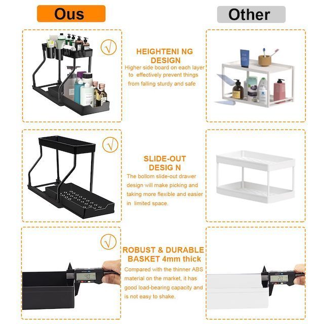 2 Tier Sliding Cabinet Storage Shelves with Hooks & Cup and Pull Out Drawer for Kitchen Bathroom Under Sink Organizers