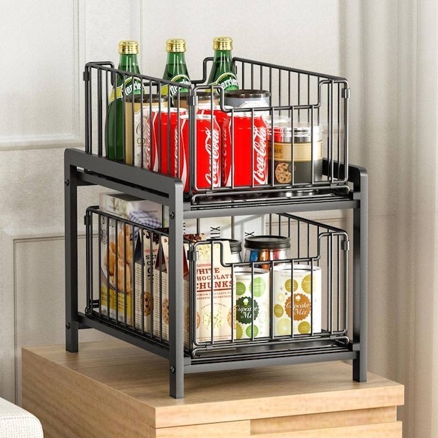 2-Tier Under Sink Rack with Sliding Storage Drawer for Pantry Bathroom Kitchen Pull-out Cabinet Organizer Black