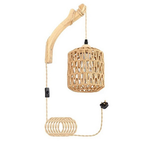 Best Good Sale Rattan Wall Lamp With Plug In Cord Hand Woven Wall Sconces Paper Rope Mounted Lighting For Bedroom Living Room