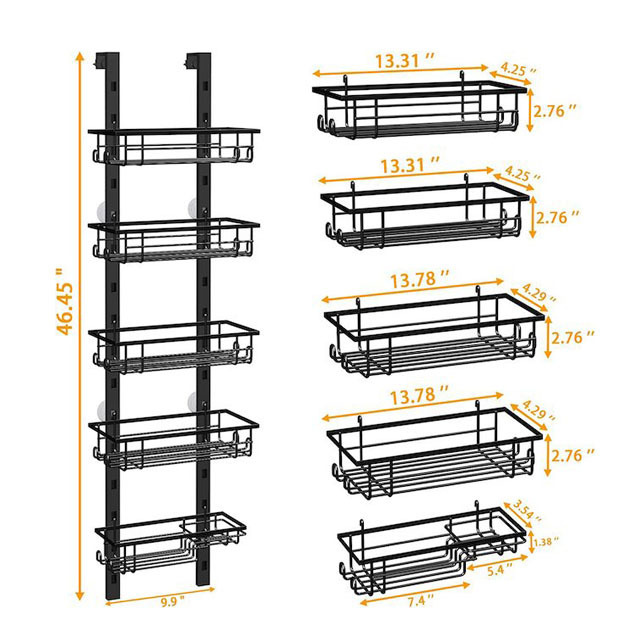 Hot Sale Bathroom Shower Basket 5 Tier with Hooks No Drilling Over the Door Shower Caddy Black