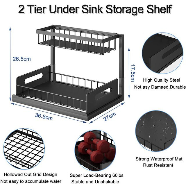 Under Sink Organizer Kitchen Spice Rack Cabinet Pull Out Storage Shelf Bathroom Under Sink Storage Rack Black