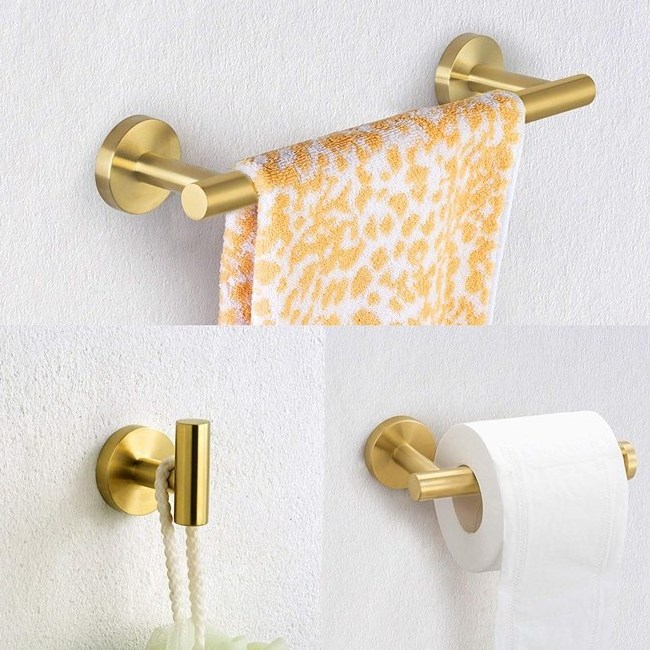 Tissue Holder Bathroom Brushed Gold 3 Piece Accessories Set Bath Shower Robe Hook, Toilet Paper Holder, Hand Towel Bar