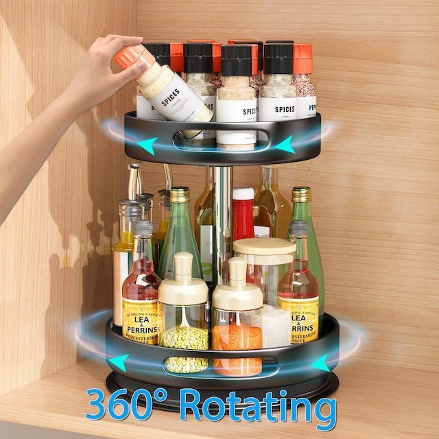 Kitchen 2 Tier Metal Rotating Spice Racks for Pantry Cabinet Cupboard Table Seasoning Rack Lazy Susans Organizer Black