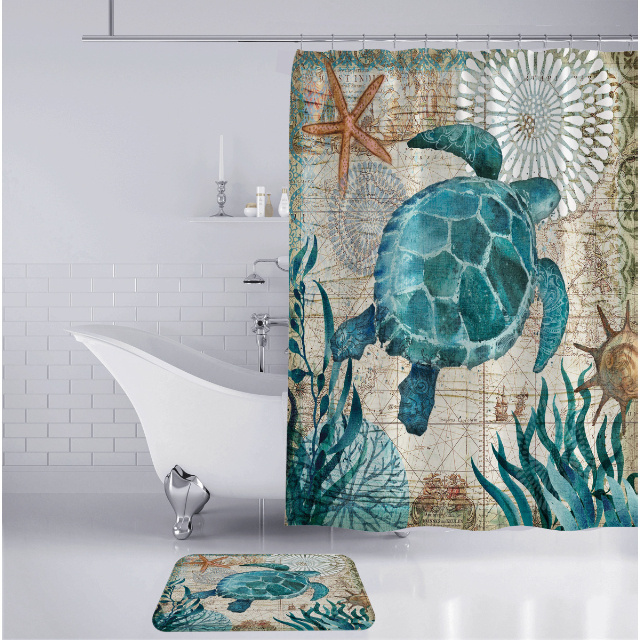 Nautical Blue Sea Bathroom Sets with Shower Curtain and Rugs Ocean Turtle Waterproof Fabric Shower Curtain Sets