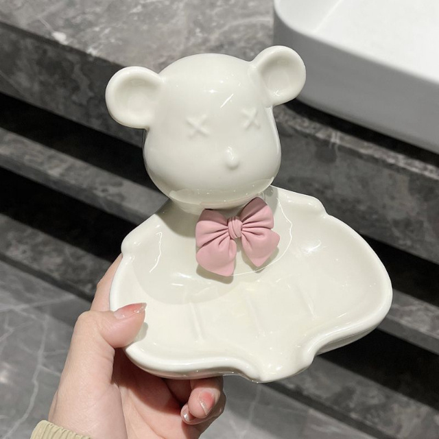 Bathroom Exquisite Sink Decoration Bear Ceramic Soap Dish with Bow Decoration Bear Ceramic Soap Dish