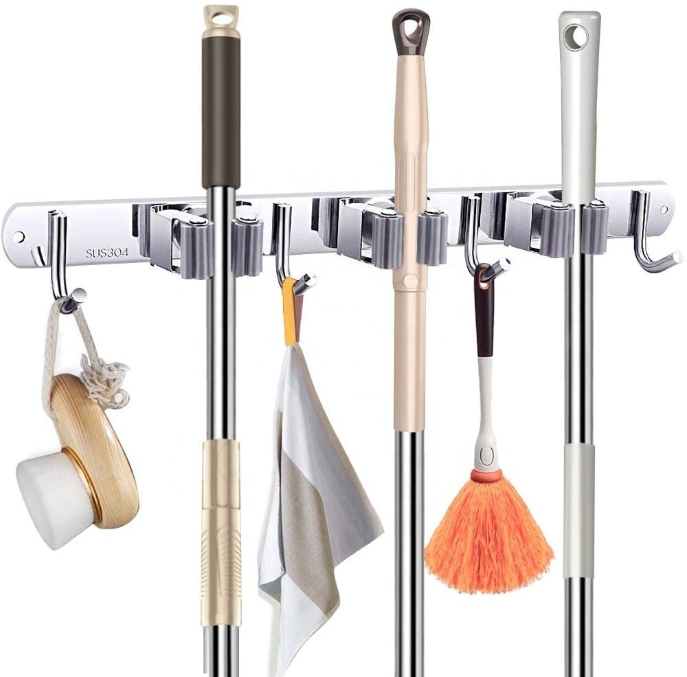 Bathroom 3 Racks 4 Hooks Metal Stainless Steel  Broom Mop Holder Wall Mount Tools Hanger