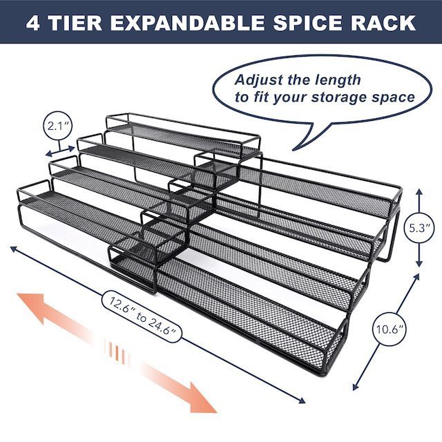 Countertop 4 Tier Spice Storage Holder Step Shelf for Kitchen Cabinet Cupboard Pantry Metal Black Spice Rack Organizer