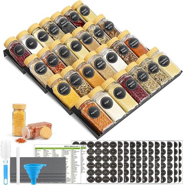 CUSTOM LOGO Drawer Organizer Spice Tray Adjustable Seasoning Jars Rack Kitchen Spice Drawer Organizer Black