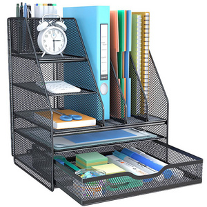 5-Tier Paper Letter Tray Organizer with Drawer/Pen Holder /3 Vertical File Holders for Office School Home Mesh Desk Organizer