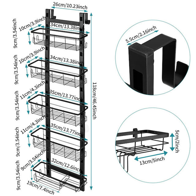 5-Tier Adjustable Hanging Shower Shelves with Hook & Soap Holder for Bathroom & Kitchen Over The Door Shower Caddy Black