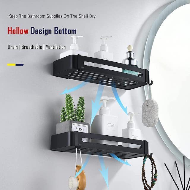 2 Pack Bathroom Shelf Metal Wall Storage Organizer Rack With Hooks Adhesive Shower Caddy