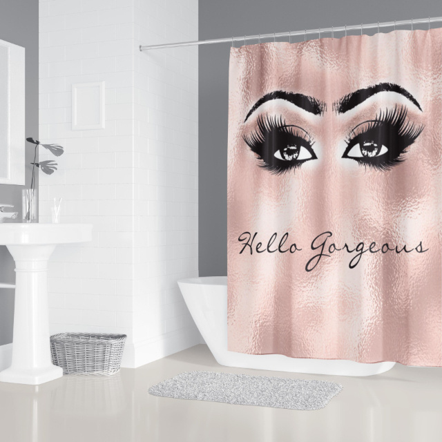 Gold Glitter Pink Glamour Fashion Bathroom Decoration Non Slip Bath Mat Toilet Rug Polyester Shower Curtain Set