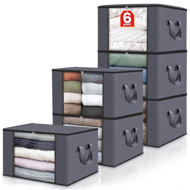 Foldable Blanket Storage Containers with Lids and Handle for Organizing Bedroom, Closet, Comforter 6 Pack Clothes Storage