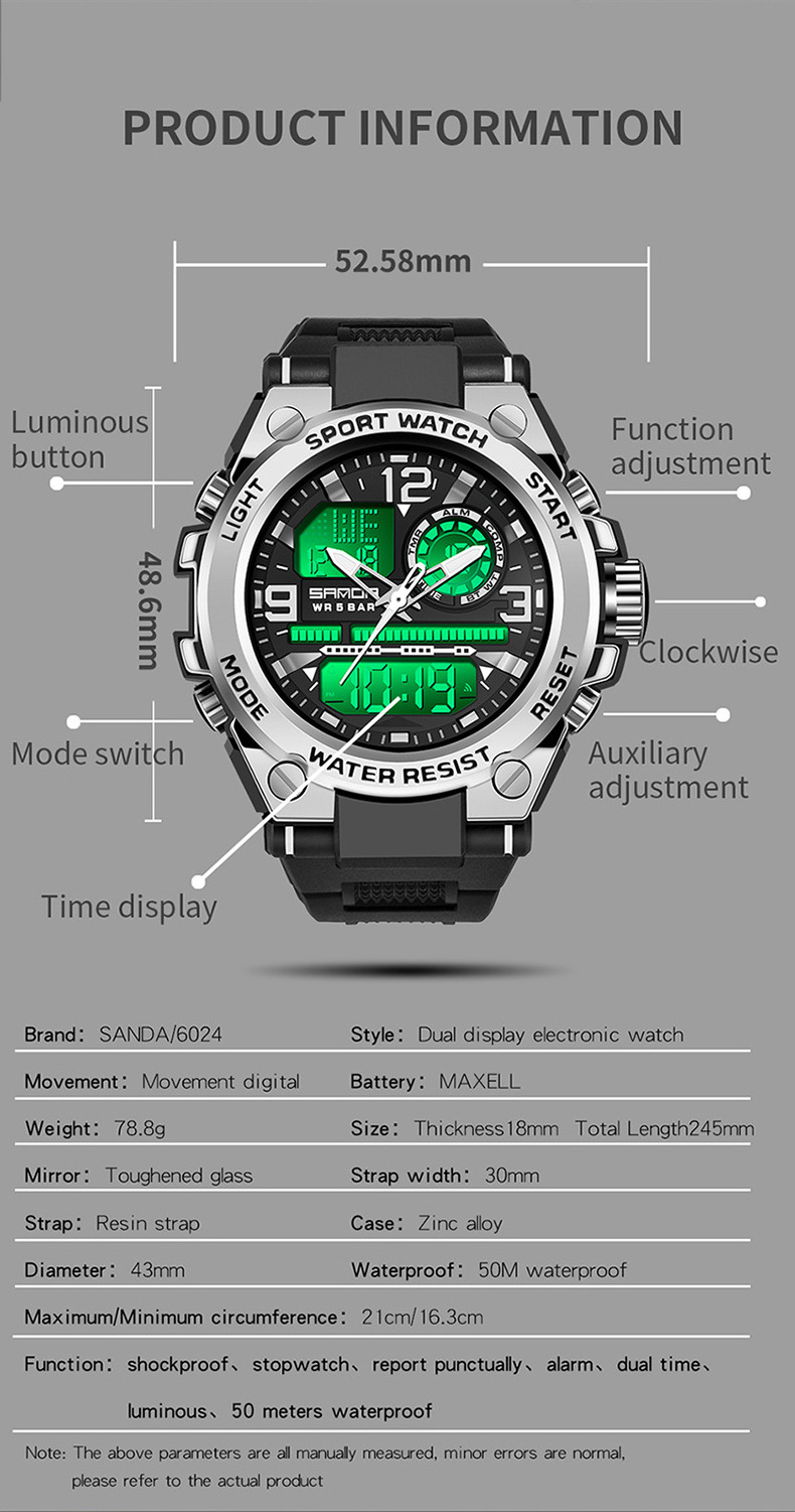 Sanda Men Digital Quartz Watch Water Resist 5 Bar Analog Waterproof Watches Man Design Sport Watch