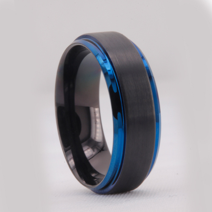 CHENG  JEWELERS WHOLESALES fashion jewelry high polished black plated man tungsten ring with thin blue line