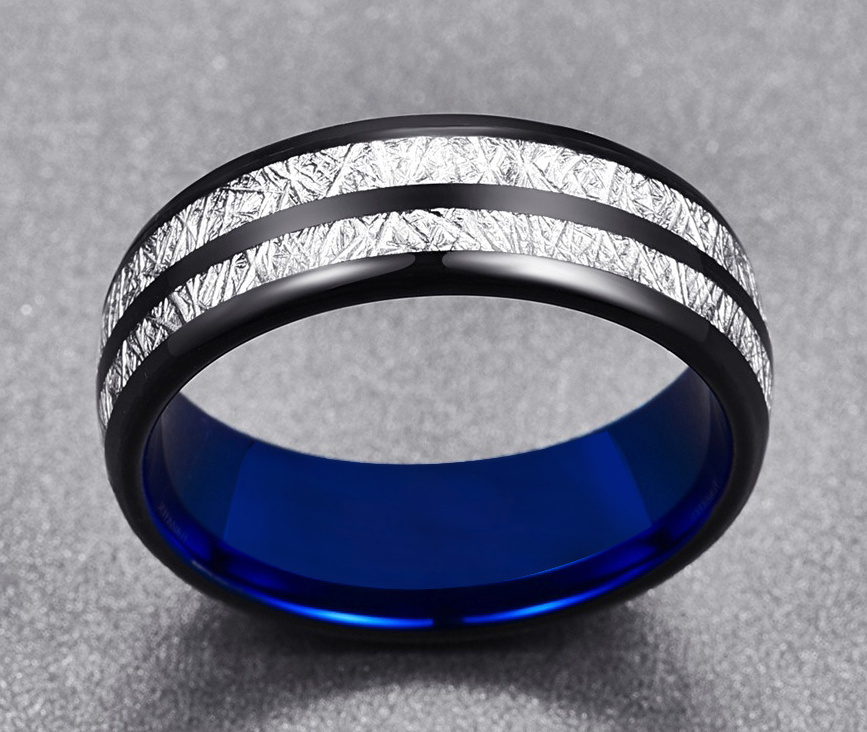 White imitate meteorite inlay 8mm men blue black ring wedding bands tungsten ring style