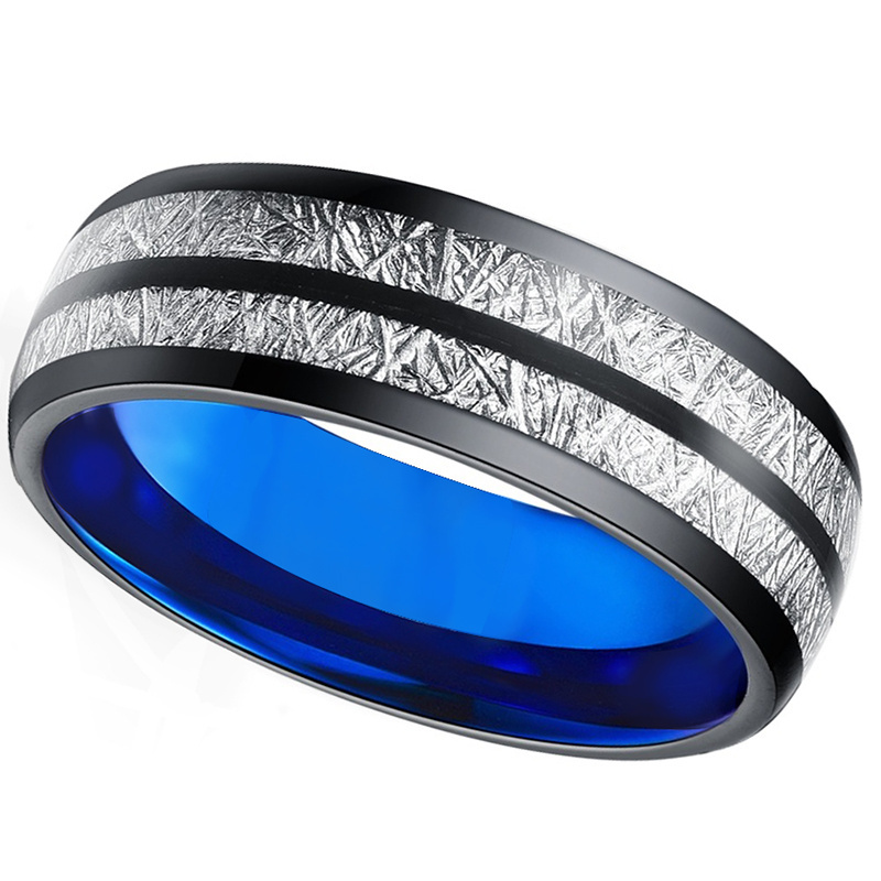 White imitate meteorite inlay 8mm men blue black ring wedding bands tungsten ring style