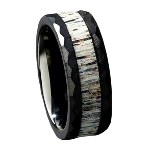 SZ CHENG JEWELERS High Quality Jewelry 8mm Black Hammered Tungsten Ring for Men Women Real Deer Antler Engagement Wedding Band