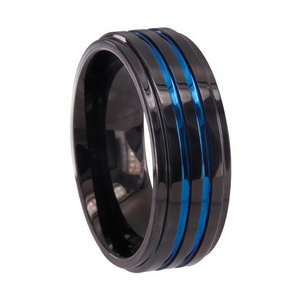 CHENG  JEWELERS WHOLESALES fashion jewelry high polished black plated man tungsten ring with thin blue line