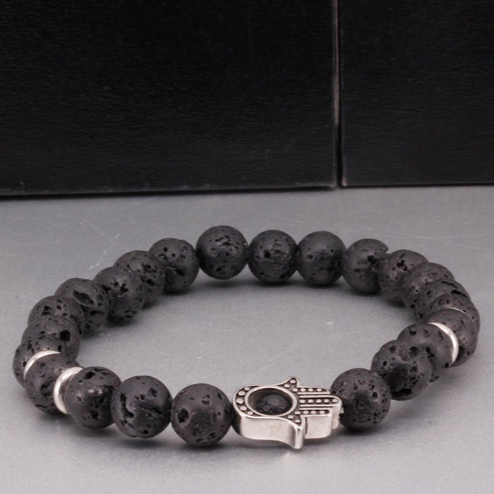 Wholesales Natural jewelry stainless steel beaded mens elastic hot handmade beaded bracelets natrutal stone lava