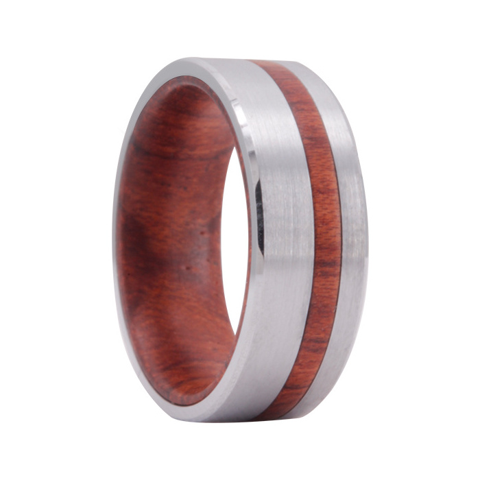 Jewelry Red & Black Wooden Ring Plated Tungsten Outside Inlaid Hawaii Koa Wood 8MM wood hand ring men