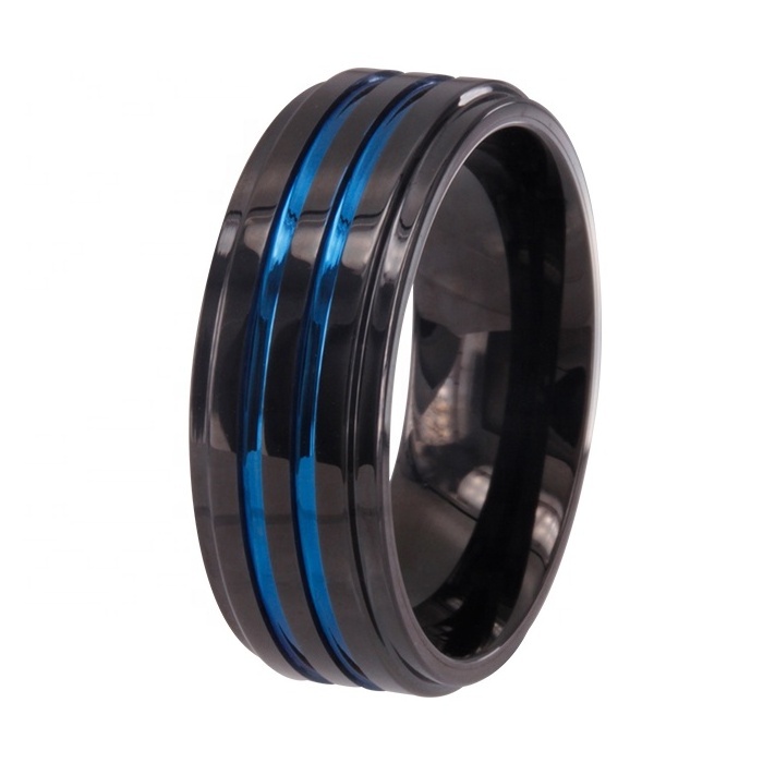 CHENG  JEWELERS WHOLESALES fashion jewelry high polished black plated man tungsten ring with thin blue line