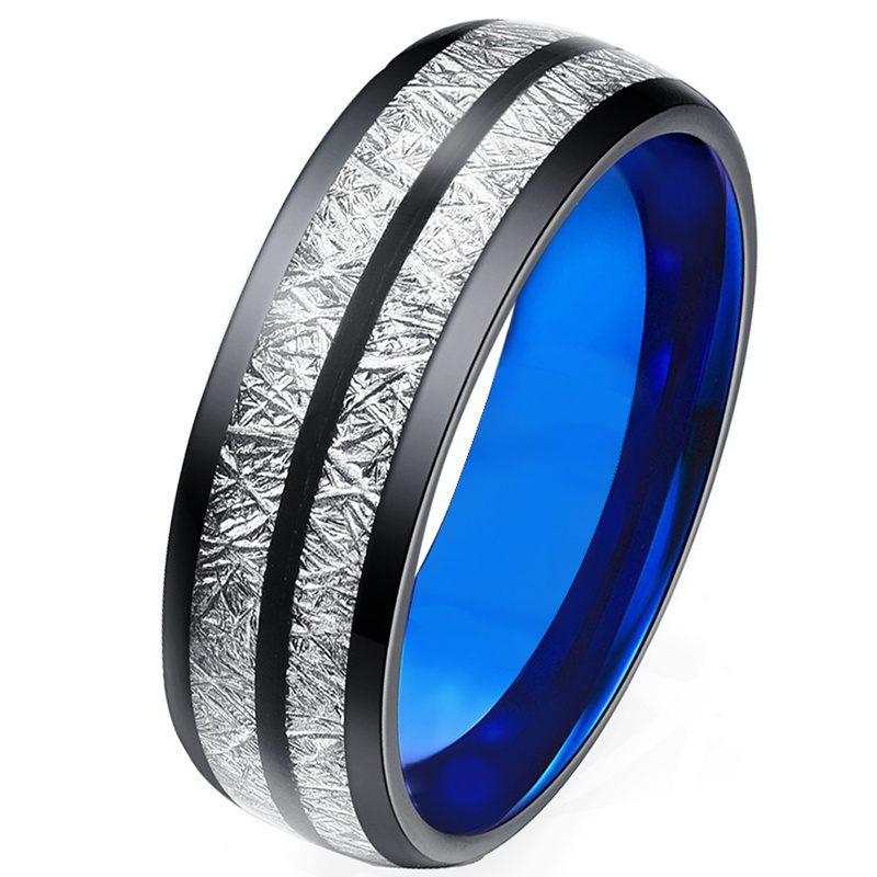 White imitate meteorite inlay 8mm men blue black ring wedding bands tungsten ring style