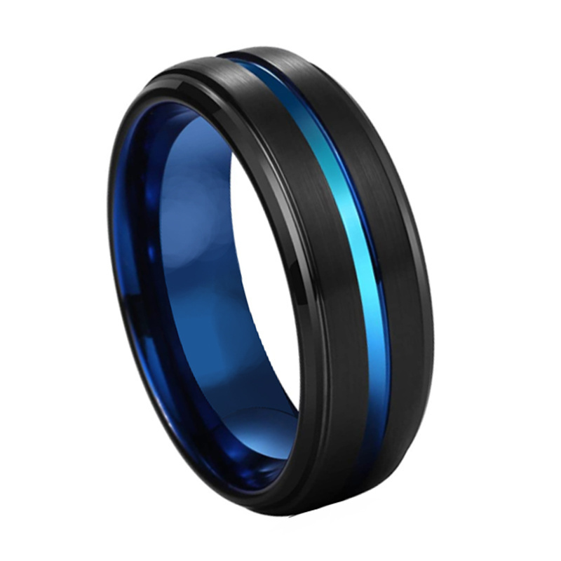 Fashion jewelry designs thin blue line tungsten black plated wolf ring for men