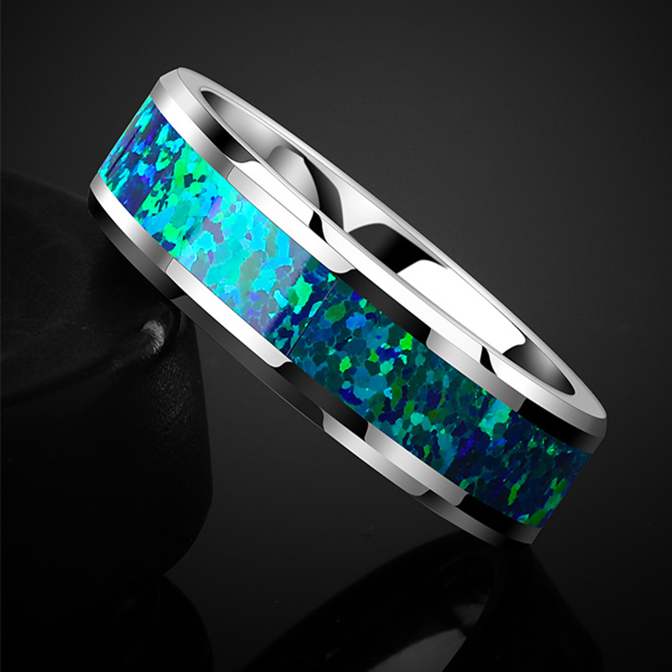 Mexican Opal Jewelry Blank Ring Trendy Wedding Rings Tungsten Carbide Set and Engagement for Couples Unisex Blue Opal Inlay 8mm