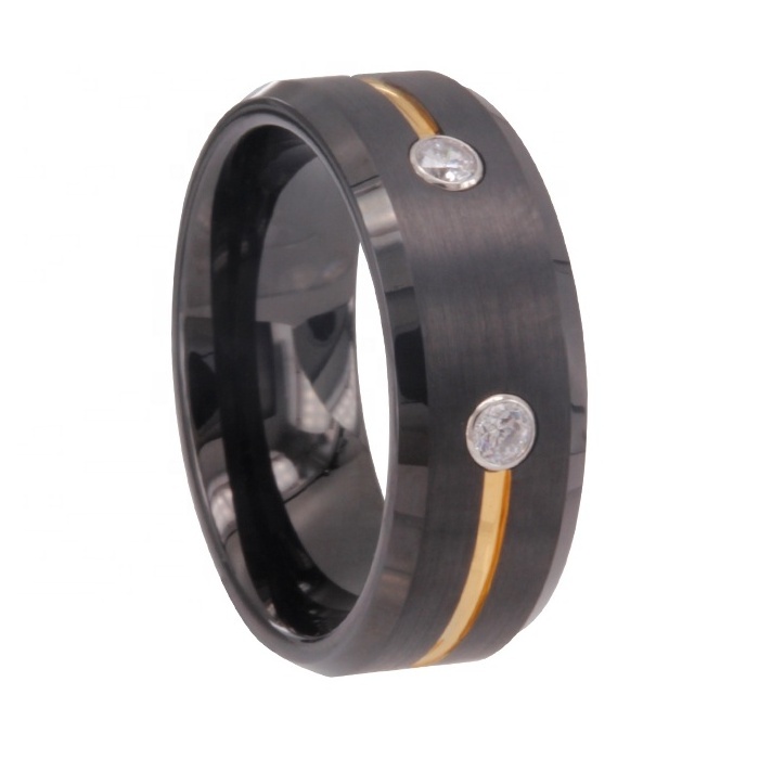 CHENG JEWELERS wholesales black and gold plated wedding men tungsten ring with real diamond