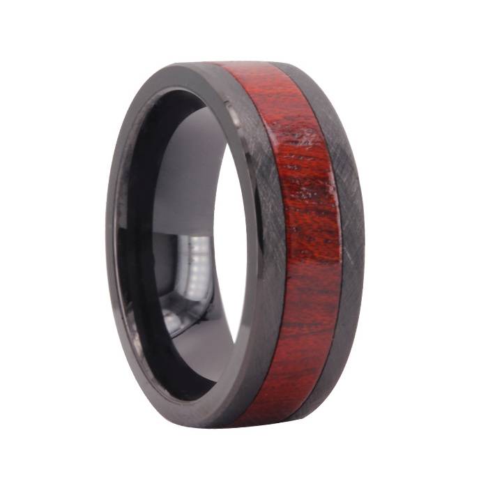 Jewelry Red & Black Wooden Ring Plated Tungsten Outside Inlaid Hawaii Koa Wood 8MM wood hand ring men