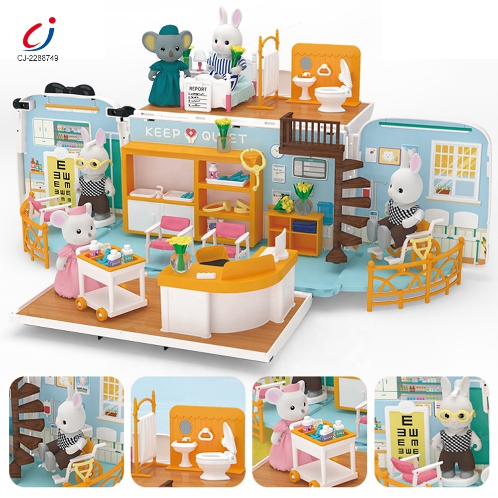 Children diy role doctor play house car toys play set 3d mini hospital interactive play house bus ambulance toy