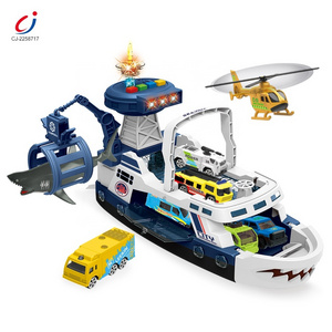 Kids toy police storage shark ship boat toy set catapult friction alloy car city metal die cast model car for kids