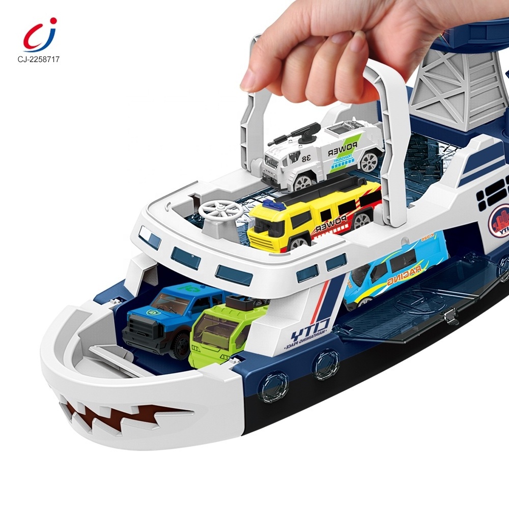 Kids toy police storage shark ship boat toy set catapult friction alloy car city metal die cast model car for kids