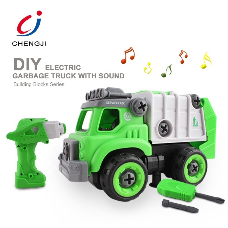 Popular style plastic DIY building blocks electric garbage toy truck for kids