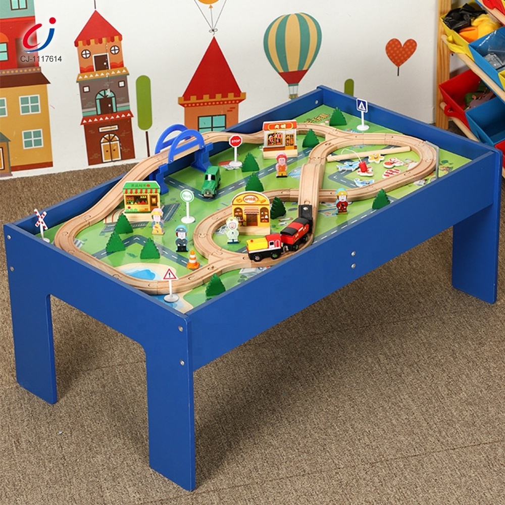 Chengji Popular preschool wooden train track on table diy build toy wooden rail train table 90pcs kids toys wooden train track