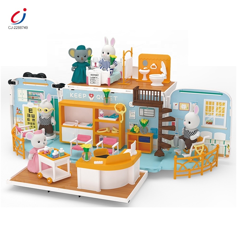 Children diy role doctor play house car toys play set 3d mini hospital interactive play house bus ambulance toy