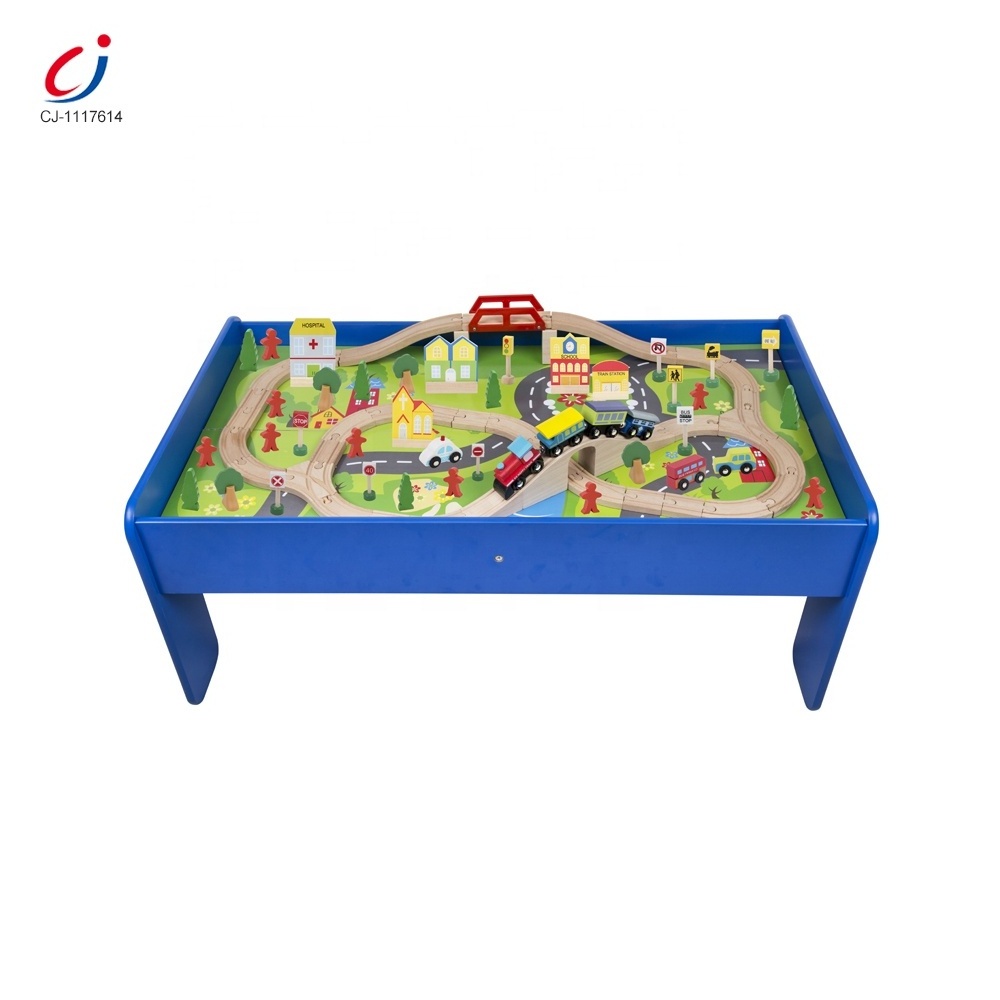 Chengji Popular preschool wooden train track on table diy build toy wooden rail train table 90pcs kids toys wooden train track