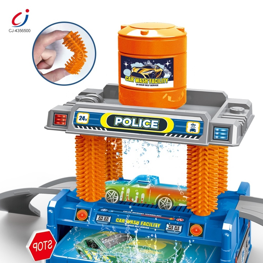 Chengji car wash parking toy kids color changing alloy vehicle simulation multifunctional police car washing station toy